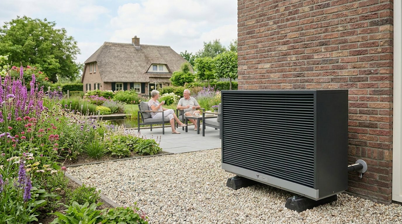 onze warmtepomp in Nederlandse tuin