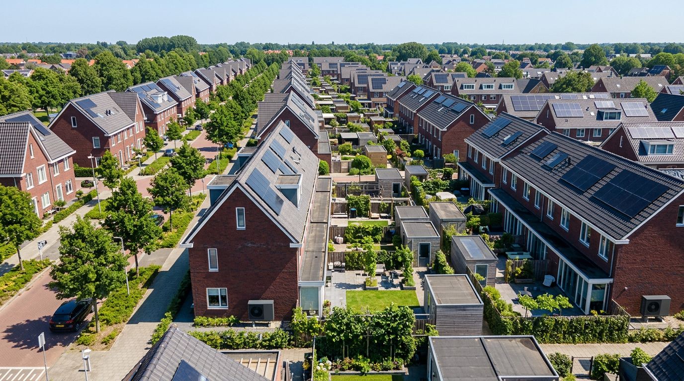 Woonwijk met zonnepanelen op de daken